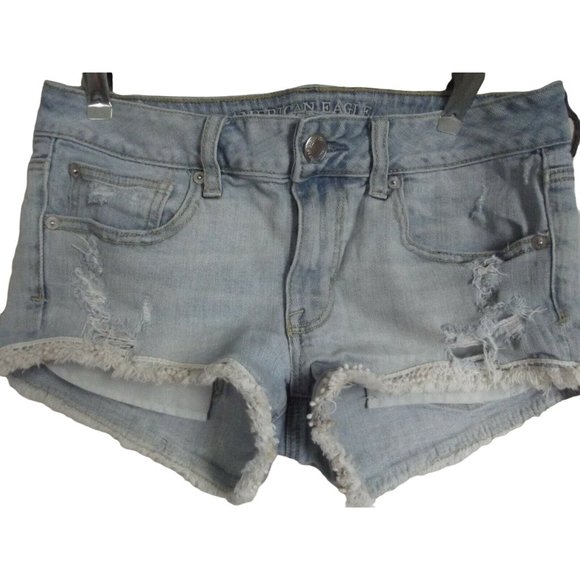 American Eagle 6 Blue Cut Off Denim Jean Distressed Shortie Shorts crochet trim - Picture 2 of 6
